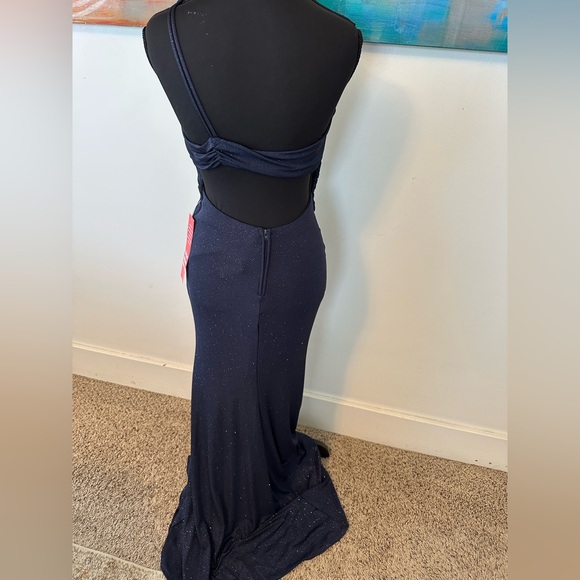 B. Smart 1 shoulder Sparkly Navy Formal Body Con Open Back Prom Maxi Dress Small - Picture 6 of 11